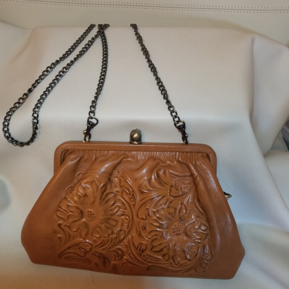 Patricia Nash Kiss Lock Hand Crafted Leather Crossbody Clutch, Cognac